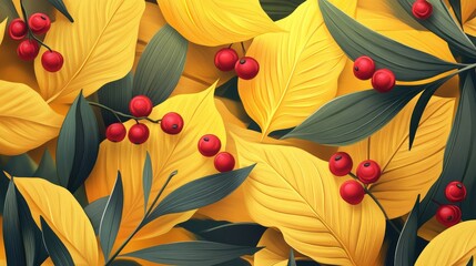 Poster - Colorful autumn foliage with bright yellow leaves, green leaves, and red berries, detailed close-up, Copy Space.