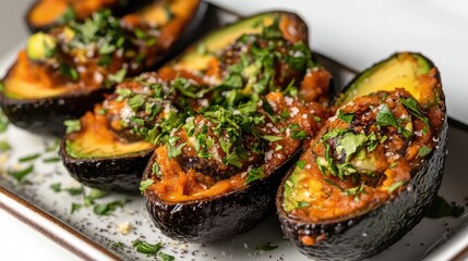 Wall Mural - Stuffed avocados with herbs and spices served on a white plate with copy space for text