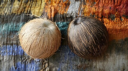 Aufkleber - Two coconut husks, one light brown and one dark brown, on textured wooden background with colorful paint strokes and copy space.