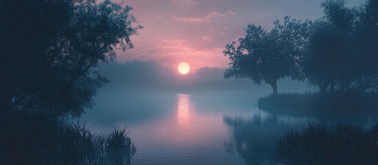 Poster - Mist-covered landscape at sunrise with reflection in water and trees silhouette Copy Space