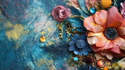 Aufkleber - Colorful floral design with textured background and embellishments featuring pastel flowers and decorative elements Copy Space