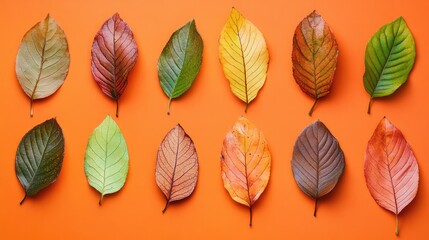Poster - Colorful autumn leaves arranged in rows on a bright orange background with copy space for text placement.