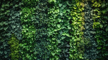 Poster - Lush vertical garden wall covered with various green plants showing different shades of foliage and textures Copy Space