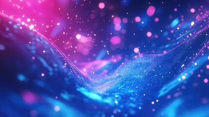 Poster - Abstract digital background with pink and blue glowing particles, wavy shapes and bokeh effects, Copy Space for text insertion.