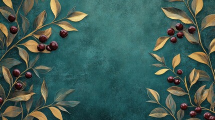 Poster - Floral composition with dark red berries and golden leaves on teal textured background with Copy Space for text insert.