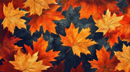 Poster - Colorful autumn leaves with vibrant orange and yellow hues on a dark textured background with ample Copy Space for text.