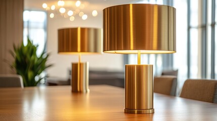Leinwandbilder - Elegant modern table lamps with warm light on a wooden dining table in a well-lit contemporary interior Copy Space