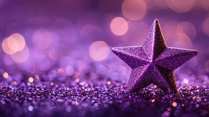 Aufkleber - Sparkling purple star decoration on glittery surface with bokeh background Copy Space