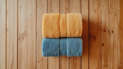 Aufkleber - Colorful folded towels on a wooden surface with copy space for text or branding