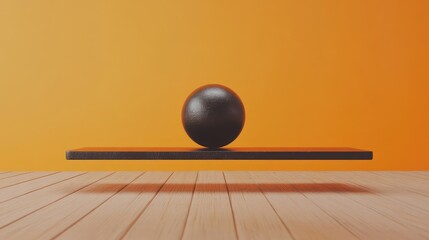 Poster - Black sphere levitating above a flat surface with warm orange background and wooden floor Copy Space
