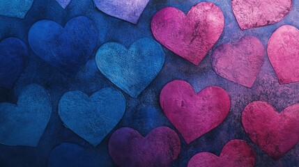 Poster - Colorful textured hearts on a blue background in various shades of pink and blue with Copy Space for text placement.