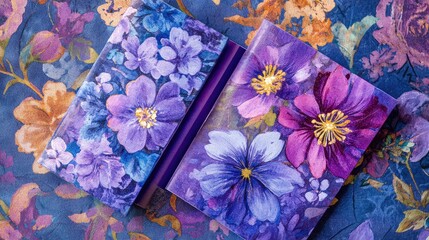 Aufkleber - Floral watercolor design with purple and blue flowers on textured background with copy space for text or branding.