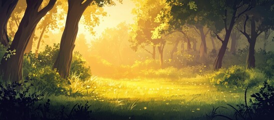 Poster - Golden sunlight filtering through trees in a forest creating an ethereal atmosphere with lush greenery and copy space for text.