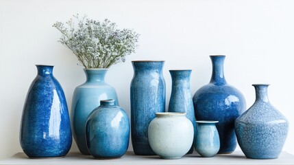 Poster - Collection of assorted blue ceramic vases with decorative flowers on display against a light background Copy Space