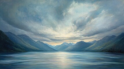 Aufkleber - Mountainous Landscape with Calm Water Reflecting Clouds and Soft Light Copy Space
