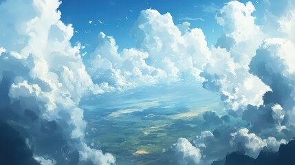 Aufkleber - Vast open sky with fluffy white clouds and serene landscape below Copy Space for text placement