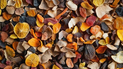 Aufkleber - Dried colorful flower petals and fruit slices texture background with Copy Space for design purposes