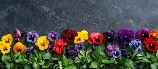 Aufkleber - Colorful pansy flowers arranged on a dark textured background with copy space for text insertion