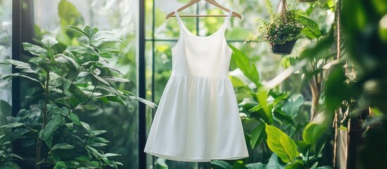 Leinwandbilder - White dress hanging in a bright greenhouse surrounded by lush green plants with ample Copy Space for text placement