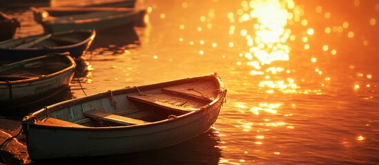 Fototapete - Sunset over water with boats moored at the shore reflecting golden light and bokeh effect in the water Copy Space
