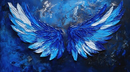 Leinwandbilder - Blue abstract angel wings artwork with textured paint on a dark background featuring copy space for design integration