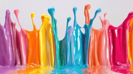 Fototapete - Colorful paint splashes in vibrant hues of pink, orange, purple, and blue with smooth glossy texture and Copy Space for text placement.