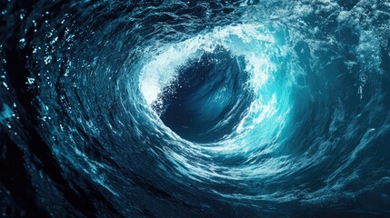 Leinwandbilder - Ocean wave tunnel with turquoise and dark blue colors, natural water patterns, swirling energy, Copy Space available for text placement.
