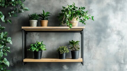 Poster - Modern wooden shelf displaying various potted indoor plants against a textured gray wall with greenery around Copy Space