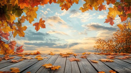 Poster - Autumn landscape with colorful leaves framing a wooden deck against a cloudy sky and sunset Copy Space