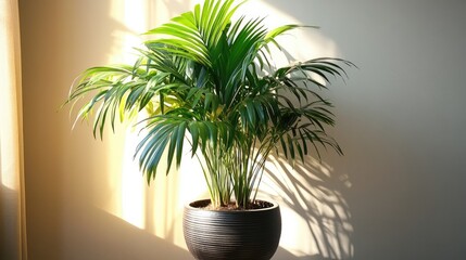 Aufkleber - Indoor potted palm plant with green leaves and textured pot illuminated by sunlight against a light wall with Copy Space