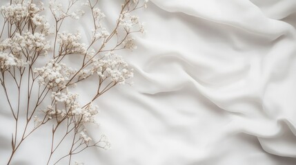 Poster - White silk fabric with soft folds and dried flowers isolated on a light background Copy Space