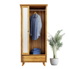 Poster - A minimalist wooden wardrobe with a striped shirt hanging and folded jeans inside, complemented by a potted plant.