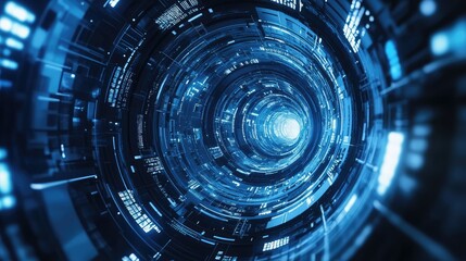 Fototapete - Futuristic digital tunnel with glowing blue lines and patterns, abstract technology background with copy space