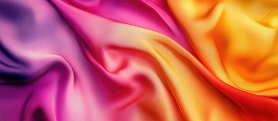 Poster - Colorful silk fabric texture in shades of purple orange and pink with smooth waves and folds providing ample Copy Space for text placement.