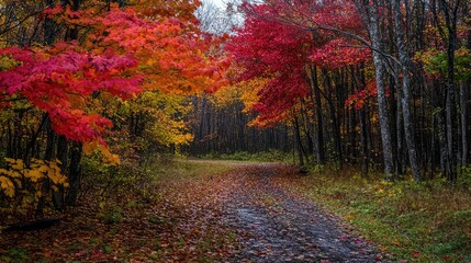 Aufkleber - Autumn forest pathway with vibrant red and yellow foliage in a tranquil natural setting Copy Space