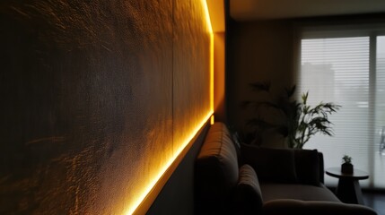 Fototapete - Cozy living room interior with modern lighting details and a stylish couch with copy space for text