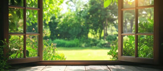 Aufkleber - Open wooden window overlooking a lush green garden with sunlight filtering through trees Copy Space
