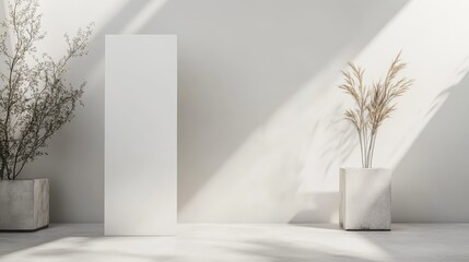 Fototapete - Minimalist interior scene with empty white wall, modern vertical display stand, and decorative plants in stylish pots, Copy Space available.