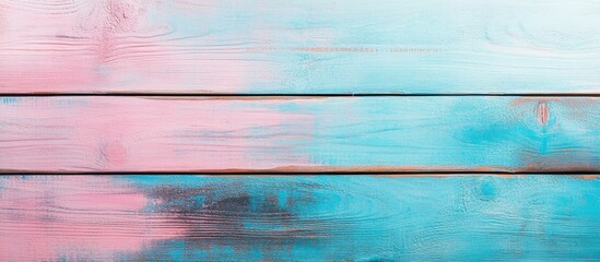 Poster - Pastel colored wooden planks background with a gradient of pink and blue tones and ample Copy Space for text placement