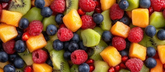 Wall Mural - Colorful Assortment of Fresh Fruits Including Kiwi, Blueberries, Raspberries, Melon and Pomegranate on a Wooden Surface with Copy Space