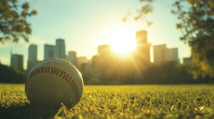 Fototapete - Baseball on grass with city skyline and sunset in background featuring warm sunlight and copy space for text