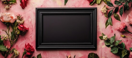 Poster - Black picture frame on pink floral background with roses and leaves, Copy Space for text or artwork insertion.