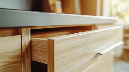 Leinwandbilder - Close-up view of wooden drawer with open compartment in modern interior setting Copy Space