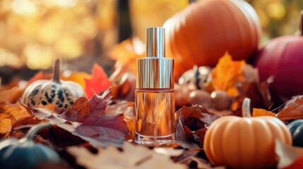 Poster - Autumn themed still life with perfume bottle surrounded by colorful leaves and pumpkins with Copy Space for text placement