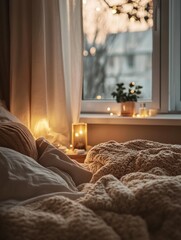 Poster - Cozy bedroom setting with a person resting and a collection of medicines at sunset. Generative AI