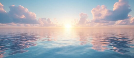 Aufkleber - Sunset over tranquil ocean waters with pastel clouds reflecting on the surface and ample copy space for text.