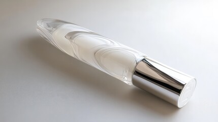 Poster - Transparent perfume bottle with silver cap on a light background with Copy Space for branding or text placement