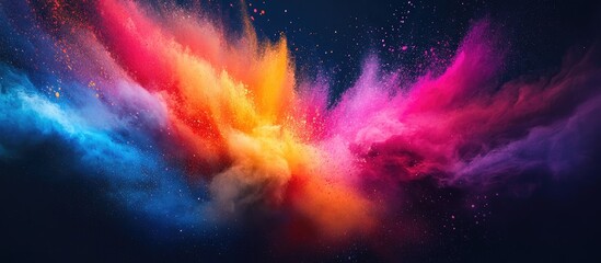 Poster - Colorful abstract explosion with vibrant hues of pink, orange, blue, and purple against a dark background with copy space