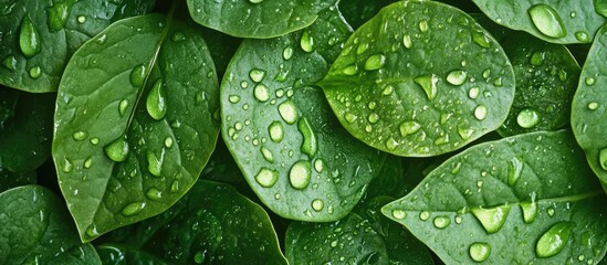 Poster - Close-up of green leaves with water droplets on surface showcasing texture and freshness Copy Space