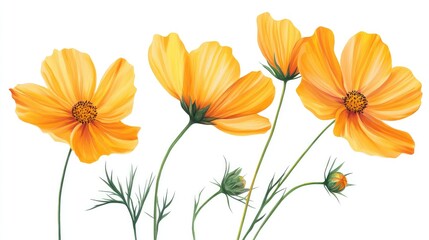 Poster - Orange blooming flowers with green stems and buds on a white background Copy Space